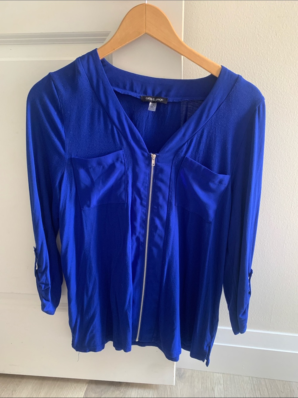 Cable & Gauge Royal Blue Zip-Front 3/4 sleeve Top